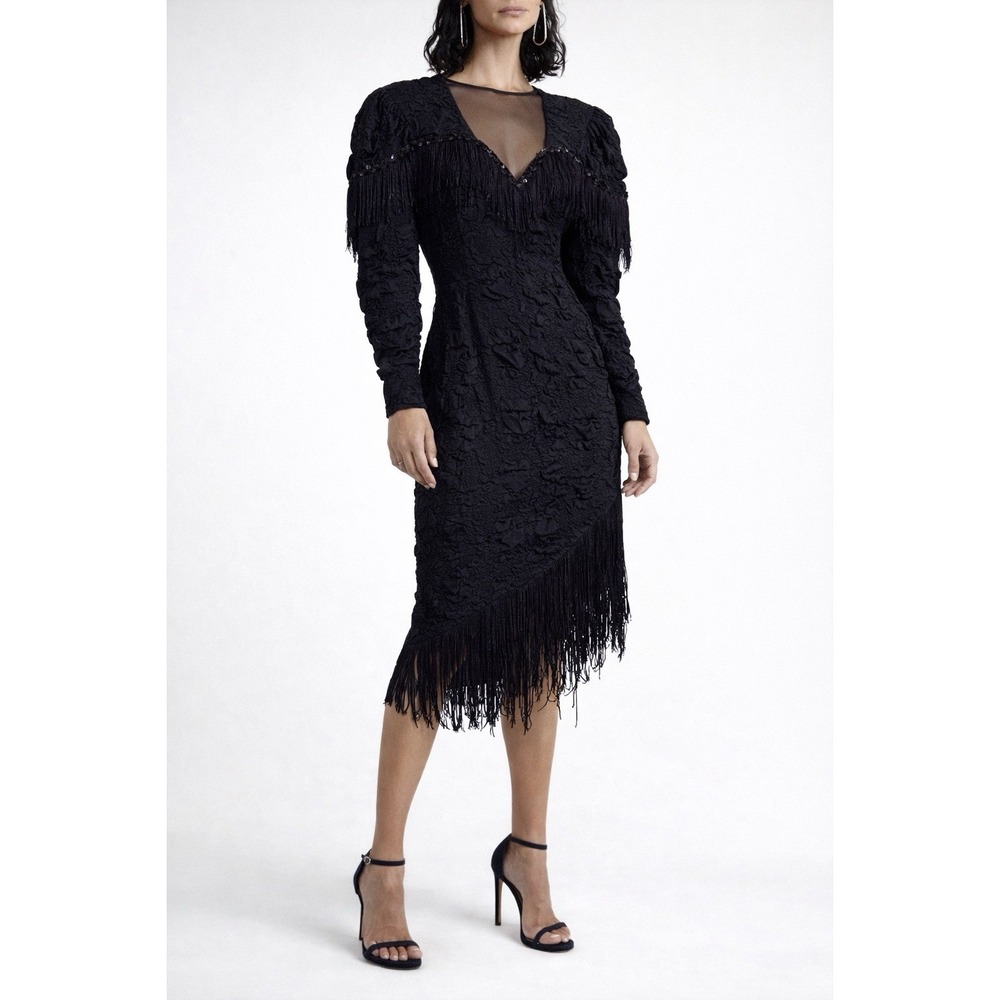 WHY Black Rayon Fringe Cocktail Dress Made in USA Size 8 Vintage Evening